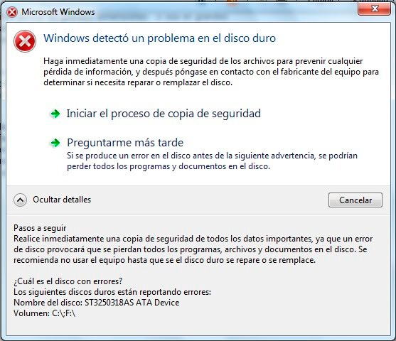 Informar cliente Foto Windows detectó un problema en el disco duro - Informática Sierra